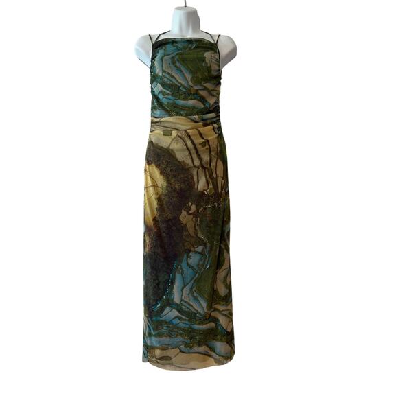 Zara Artistic Green and Tan Midi Dress - Picture 1 of 7